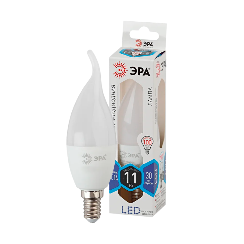 Лампа светодиодная ЭРА BXS E14 11W 6000К 170-265V свеча на ветру