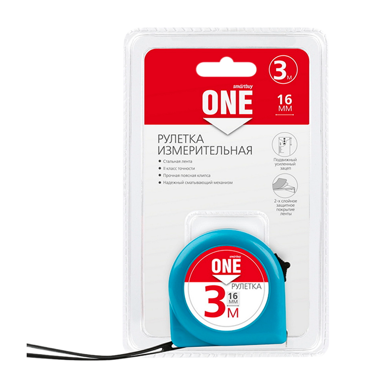 Рулетка измерительная Smartbuy ONE Tools 3м*16мм пластик фиксатор голубой (1/96)