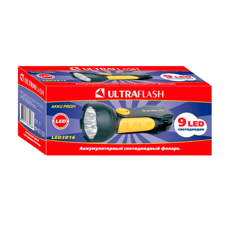 Фонарь туристический Ultraflash LED3816 1.2W 9LED от аккумулятора прямая подзарядка черный желтый (1