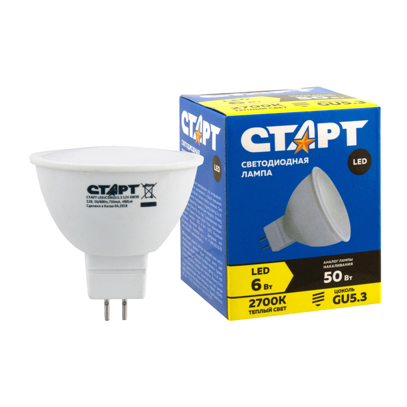 Лампа светодиодная Старт GU5.3 6W 220V рефлектор матовая (1/10/100)