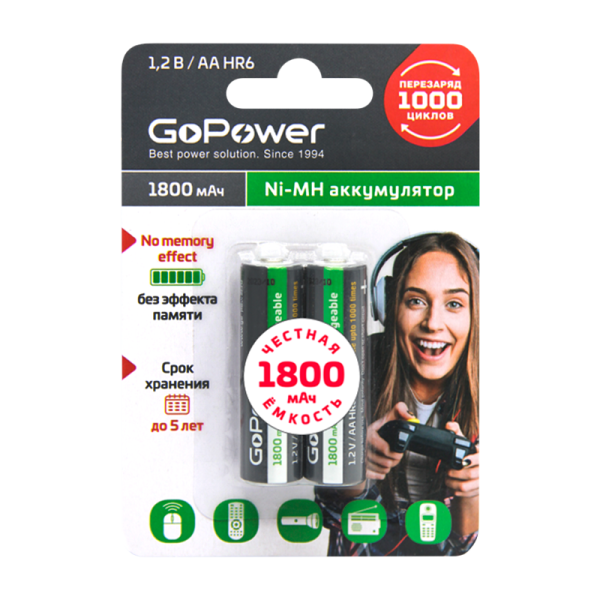 Аккумулятор бытовой GoPower HR6 AA BL2 NI-MH 1800mAh (2/20/240)
