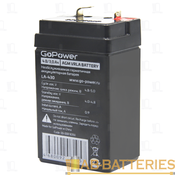 Аккумулятор свинцово-кислотный GoPower LA-430 4V 3Ah клеммы T0 в картонной упаковке