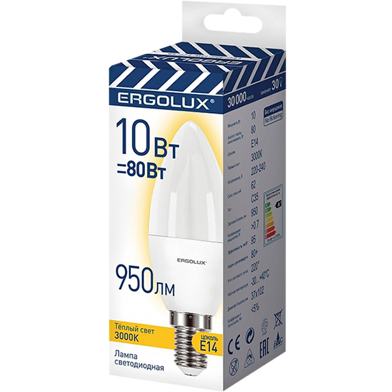 Лампа светодиодная Ergolux E14 10W 3000К 172-265V свеча (1/10/100)