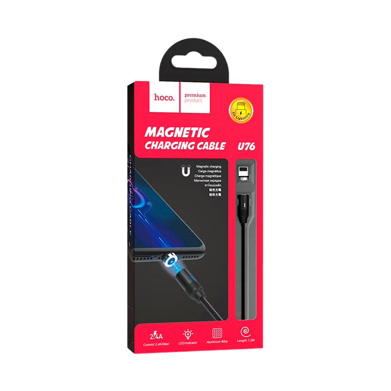 Кабель HOCO U76 USB (m)-Lightning (m) 1.2м 2.4A нейлон магнит черный (1/22/220)
