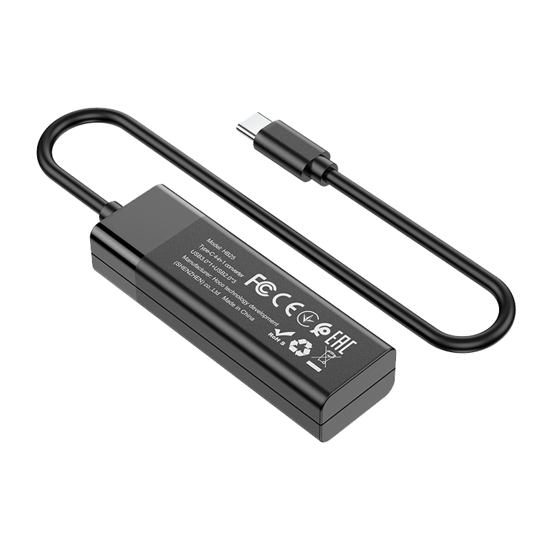 USB-Хаб HOCO HB25 4USB Type-C (m) USB3.0 0.3м черный (1/18/180)