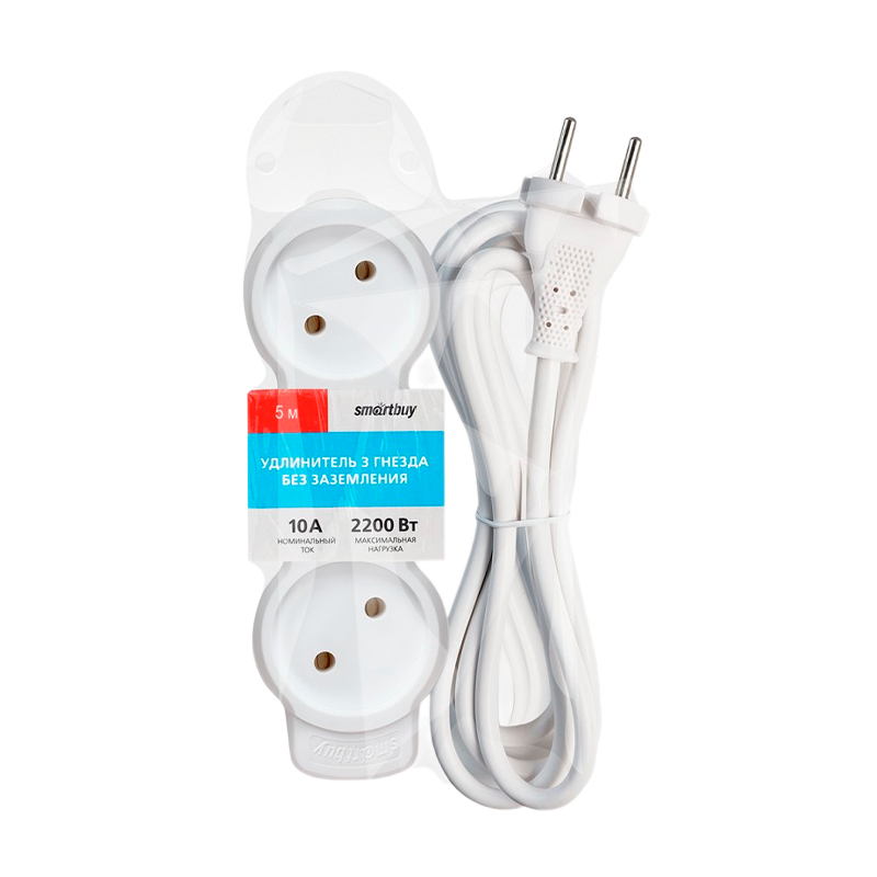 Удлинитель Smartbuy NEW 3р.Б/З 10A 5.0м ПВС 2x1мм² белый (1/40)