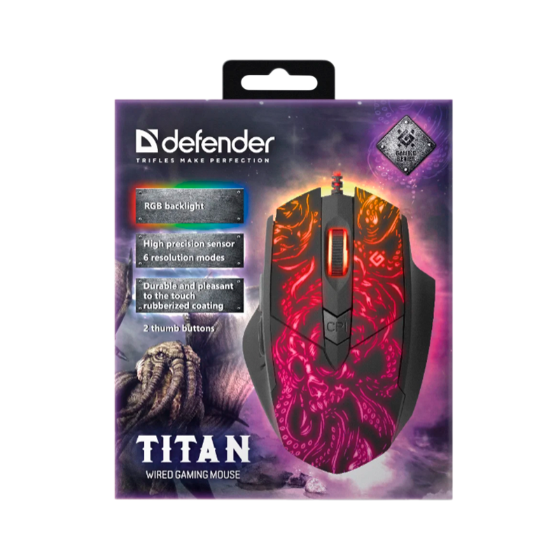 Мышь проводная Defender GM-650L Titan игровая USB RGB красный (1/40)