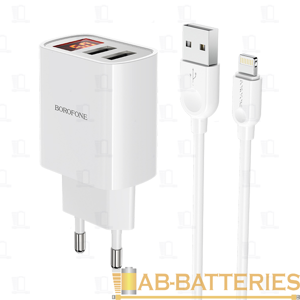 Сетевое З/У Borofone BA58A 2USB 2.4A с кабелем Lightning белый (1/35/140)