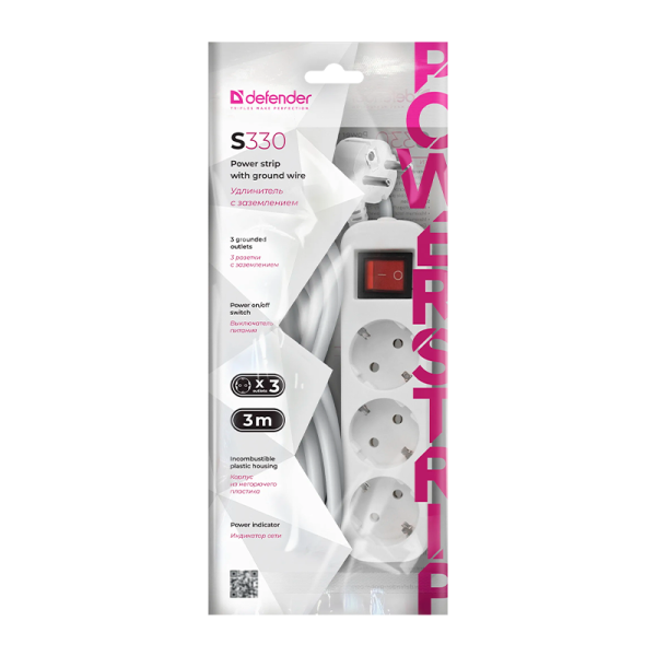 Удлинитель Defender S330 3р.С/З 10A 3.0м с выкл. ПВС 3x1мм² белый (1/30)