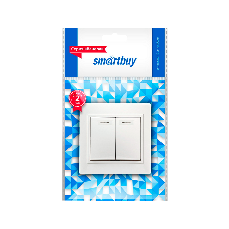 Выключатель Smartbuy 2-клавишный с индикатором 10А белый, керамика "Венера"
