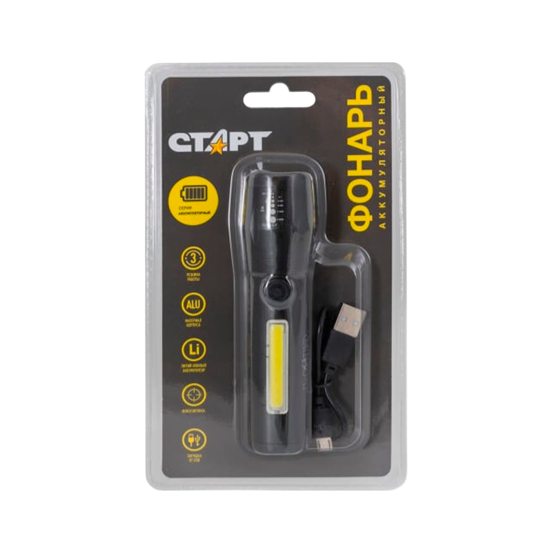 Фонарь светодиодный Старт LHE 517-C1 COB от аккумулятора USB 3 режима черный