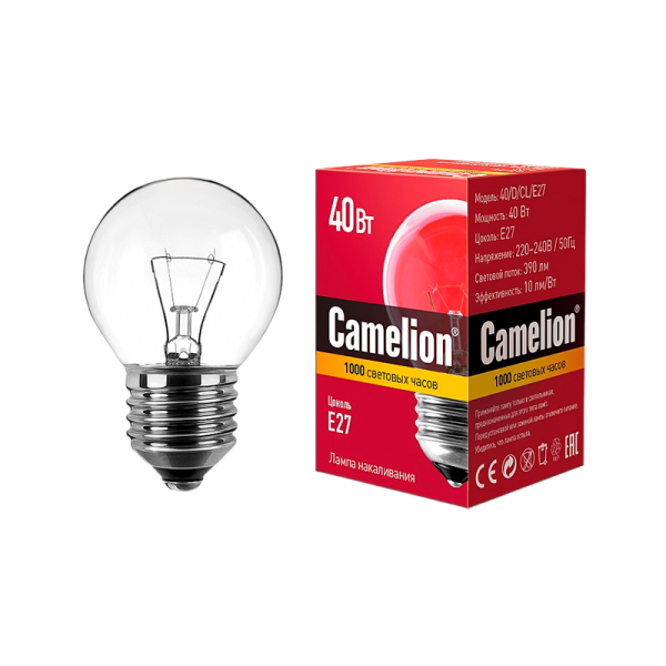 Лампа накаливания Camelion E27 40W 220V шар прозрачная (1/100)