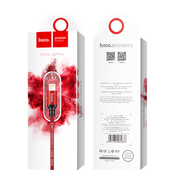 Кабель HOCO X14 USB (m)-Lightning (m) 2.0м 1.7A нейлон красный черный (1/33/330)