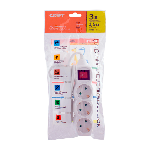 Удлинитель Старт S 3р.С/З 10A 1.5м с выкл. IP20 белый (1/20)