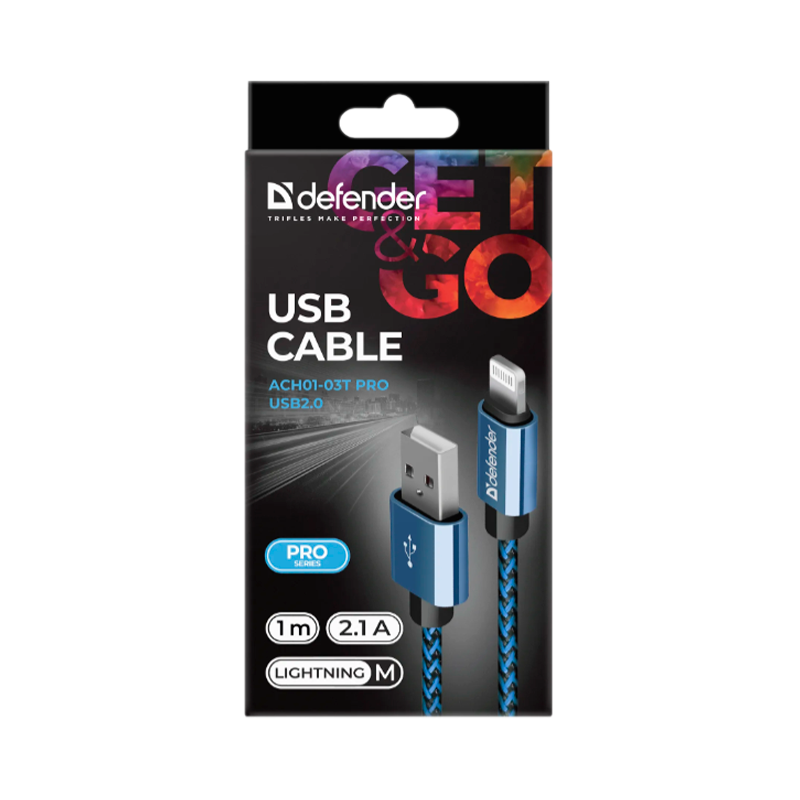 Кабель Defender ACH01-03T PRO USB2.0 (m)-Lightning (m) 1.0м 2.1A синий