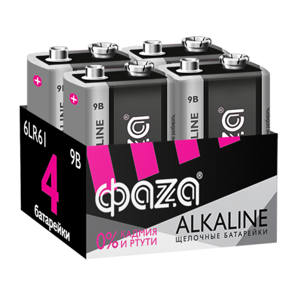 Батарейка Фаzа Крона 6LR61 BOX4 Alkaline 9V (4/24/192)