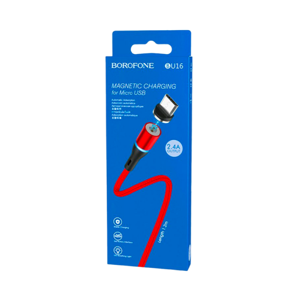 Кабель Borofone BU16 USB (m)-Type-C (m) 1.0м 3.0A ткань магнит красный (1/63/252)
