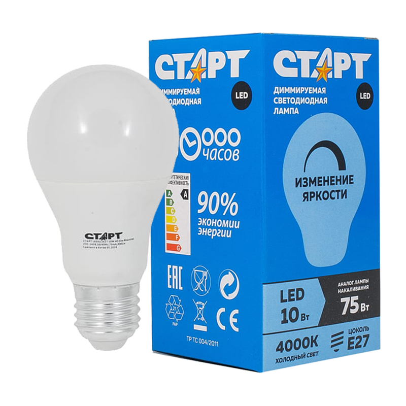 Лампа светодиодная Старт GLS E27 10W 4000К 220-240V груша димируемая прозрачная (1/10/50)