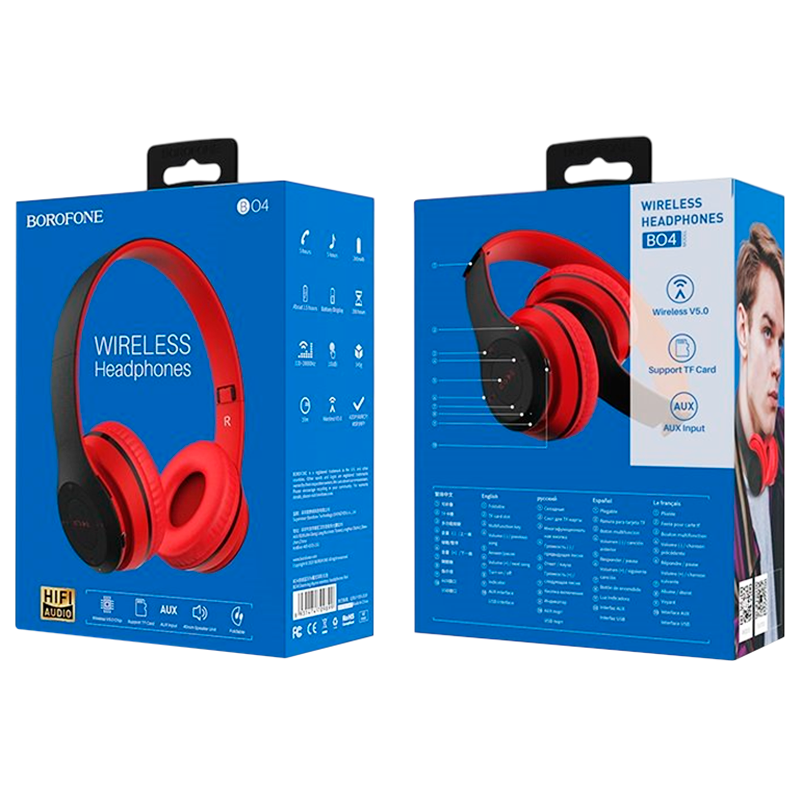 Наушники полноразмерные Borofone BO4 bluetooth 5.0 с микр. красный (1/12/36)