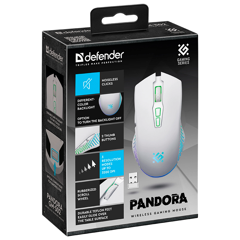 Беспроводная игровая мышь Pandora GM-502 белая,7кнопок,3200dpi,500мАч DEFENDER