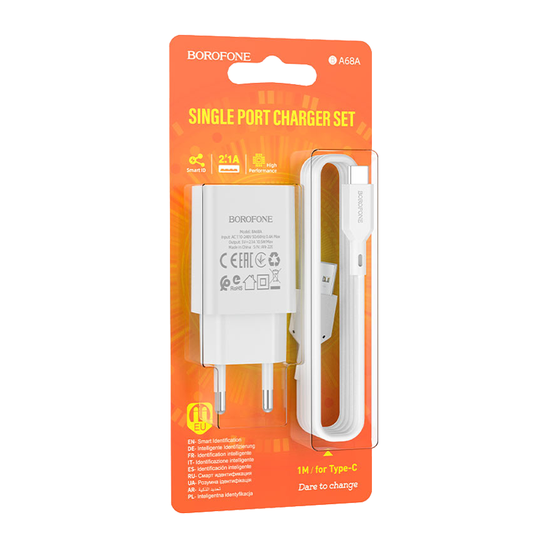 Сетевое З/У Borofone BA68A 1USB Type-C (m) 2.1A белый (1/60/240)