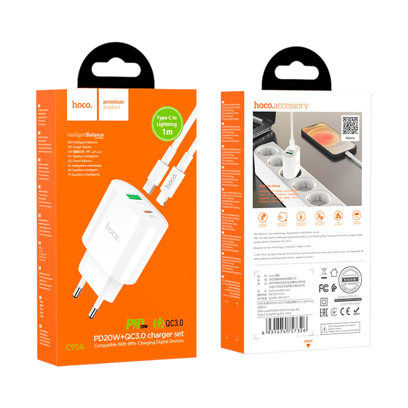 Сетевое З/У HOCO C95A 1USB/Type-C 3.0A 20W QC3.0 белый (1/13/130)