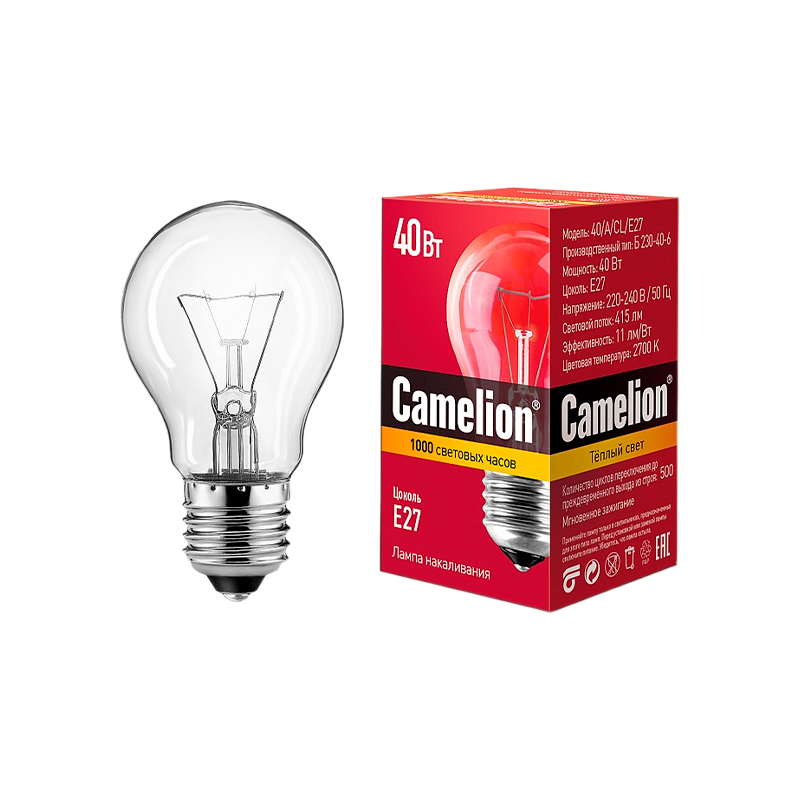 Лампа накаливания Camelion E27 40W 220-240V груша прозрачная (1/100)