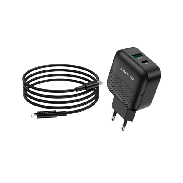 Сетевое З/У Borofone BA46A 1USB/Type-C 3.0A 18W QC3.0 с кабелем Type-C-Lightning черный (1/32/128)