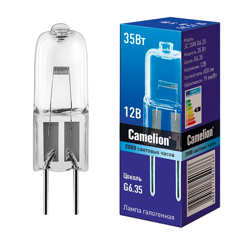 Лампа галогенная Camelion JC G6.35 35W 2800К 12V капсула прозрачная (1/5/100)