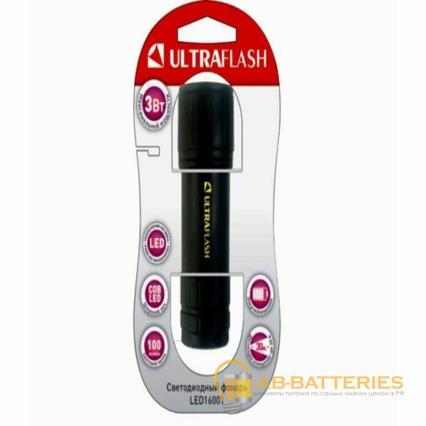 Фонарь универсальный Ultraflash LED16001 3W COB от батареек IP44 черный (1/6/96)