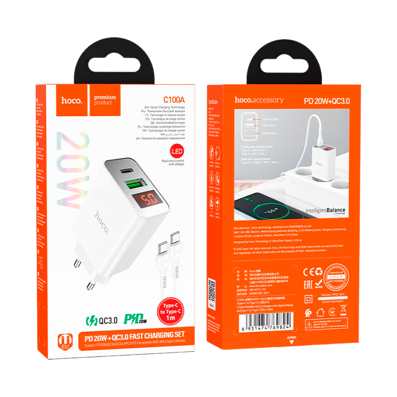 Сетевое З/У HOCO C100A 1USB/Type-C 3.0A 20W QC3.0 дисплей белый (1/13/130)
