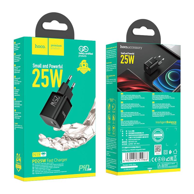 Сетевое З/У HOCO N19 Type-C 3.0A 25W PD3.0 черный (1/12/120)