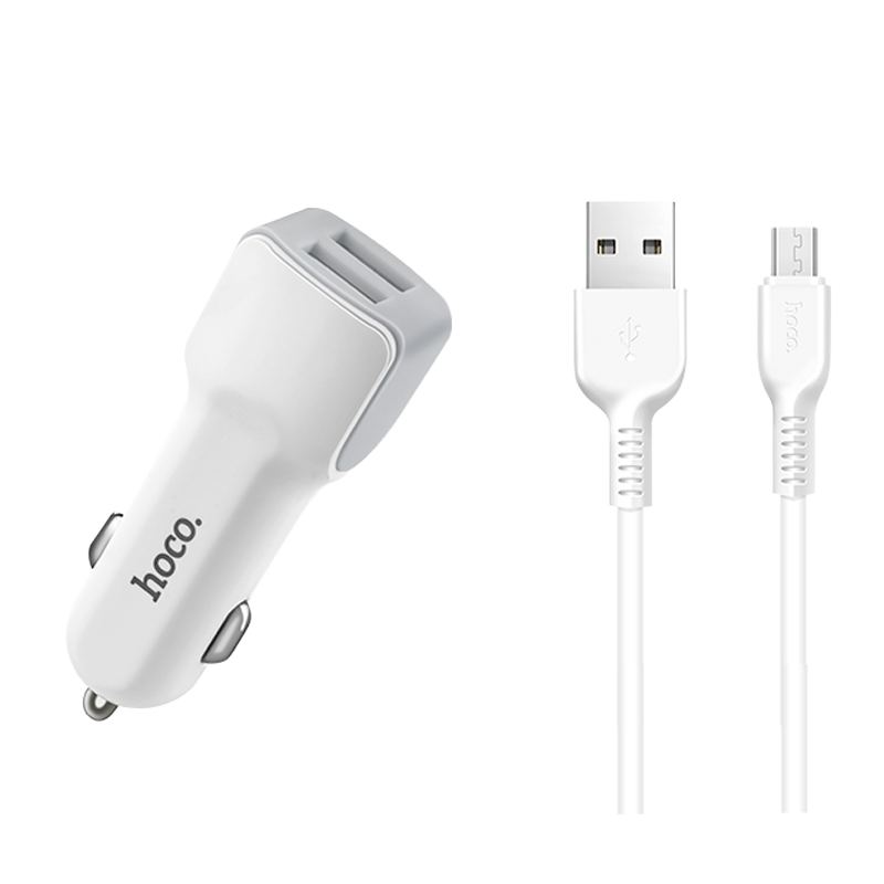 Автомобильное З/У HOCO Z23 2USB 2.4A с кабелем microUSB белый (1/25/250)