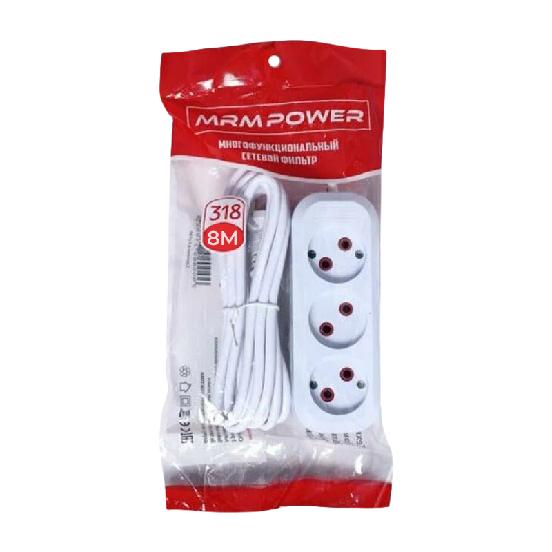 Удлинитель MRM-Power M-318 3р.С/З 10A 8.0м с выкл. белый (1/24)