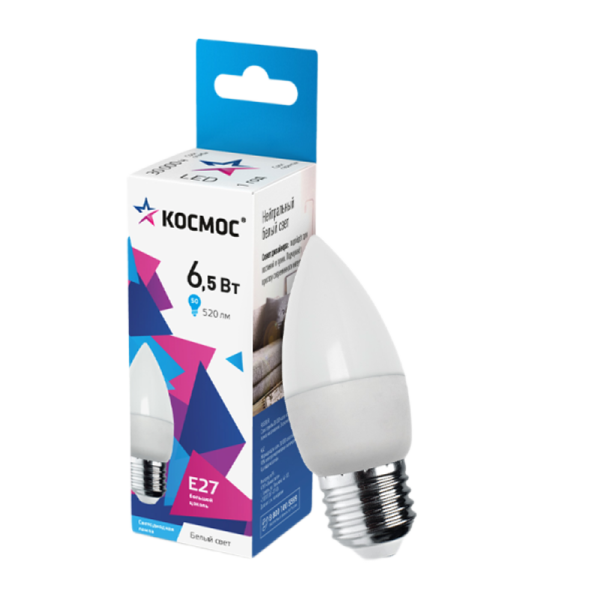 *Лампа светодиодная Космос CN E27 6.5W 4500К 220V свеча матовая (1/10/80) 