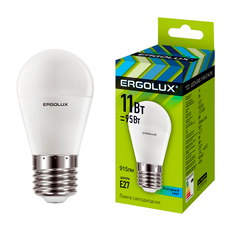Лампа светодиодная Ergolux G45 E27 11W 4500К 172-265V шар (1/10/100)