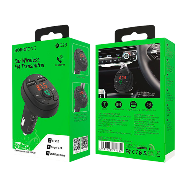 FM-трансмиттер Borofone BC26 2USB microSD bluetooth 4.2 черный (1/30/120)