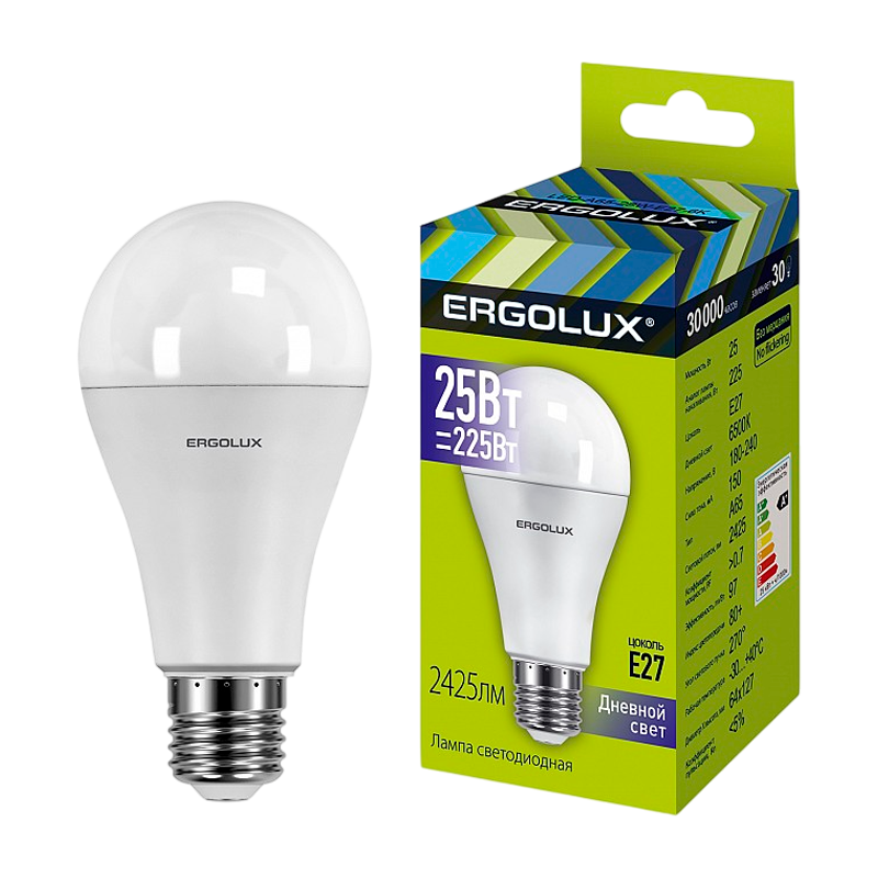 Лампа светодиодная Ergolux A65 E27 25W 6500К 172-265V груша ЛОН