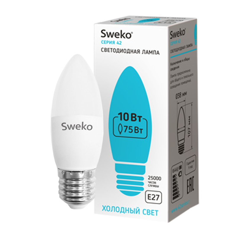 Лампа светодиодная Sweko C35 E27 10W 4000К 230V свеча (1/5/100)