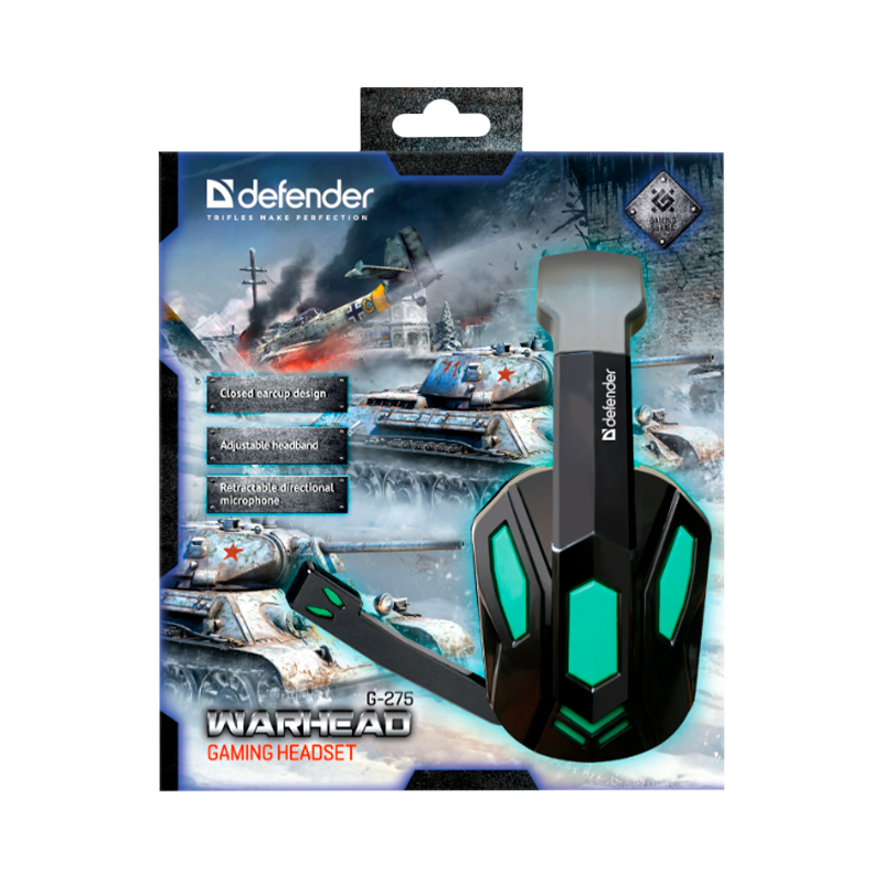 Наушники полноразмерные Defender G-275 Warhead с микр. игровые черный зеленый (1/20)