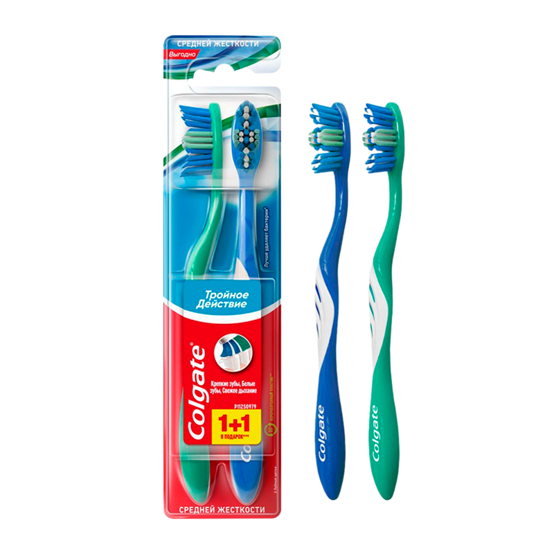 Зубная щетка COLGATE Тройное Действие средняя 2шт.(1+1) (1/72)