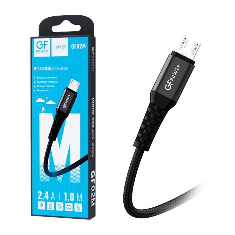 Кабель GFPower 02M USB (m)-microUSB (m) 1.0м 2.4A нейлон черный (1/200/800)