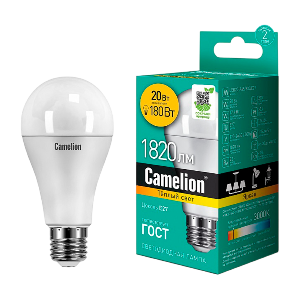 Лампа светодиодная Camelion A65 E27 20W 3000К 172-265V груша