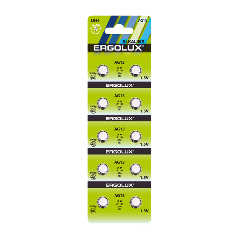 Батарейка Ergolux G13/LR1154/LR44/357A/A76 BL10 Alkaline 1.5V (10/100/2000)