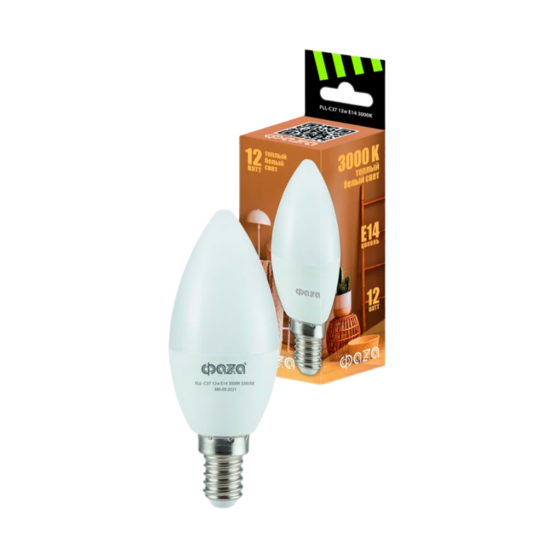 *Лампа светодиодная Фаzа C37 E14 12W 3000К 220-240V свеча (1/10/100) 
