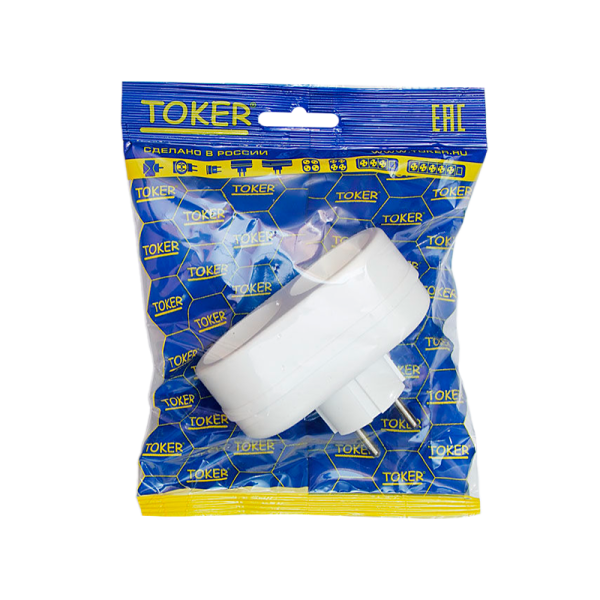 Разветвитель Toker 2Т 2р.С/З в индивидуальной упаковке белый (1/50)