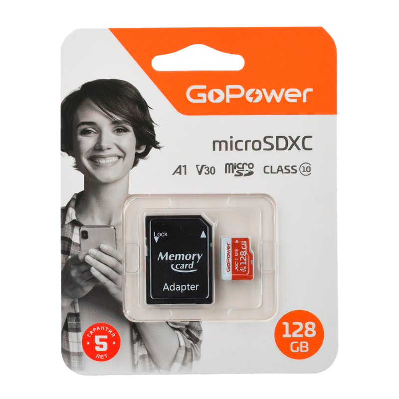 Карта памяти microSD GoPower 128GB Class10 UHS-I (U3) 100 МБ/сек V30 с адаптером