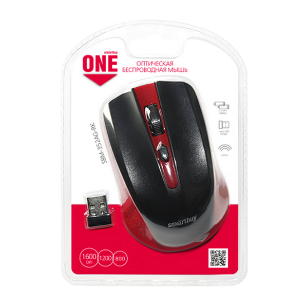 Мышь беспроводная Smartbuy 352AG ONE классическая USB красный черный (1/60)