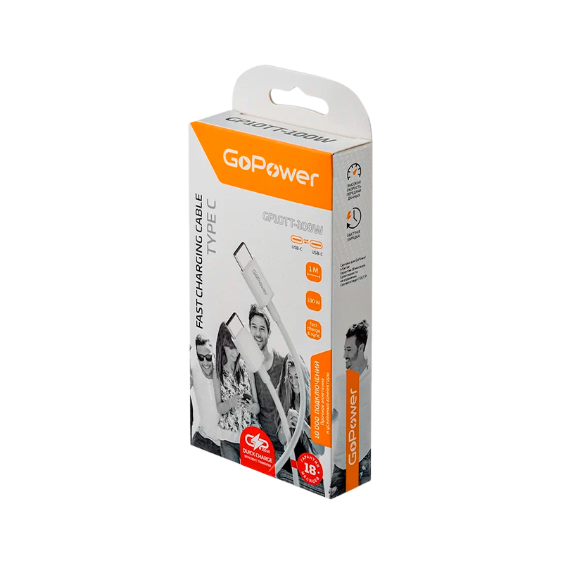 *Кабель GoPower GP10TT-100W Type-C (m)-Type-C (m) 100W белый (1/200/800) 