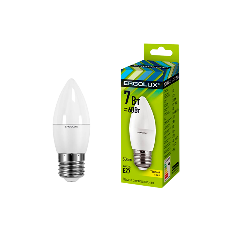 Лампа светодиодная Ergolux C35 E27 7W 3000К 172-265V свеча (1/10/100)